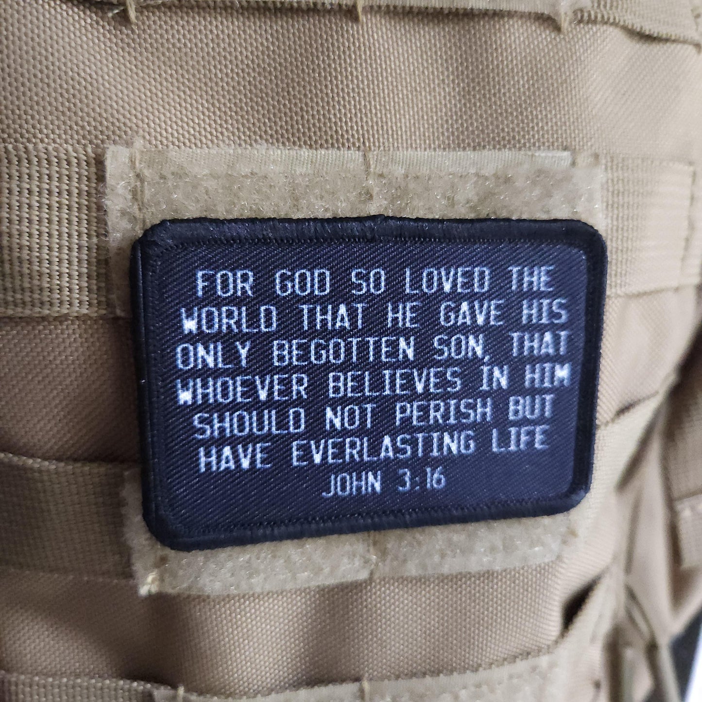 John 3:16 bible verse  2"x3" morale patch with hook and loop backing