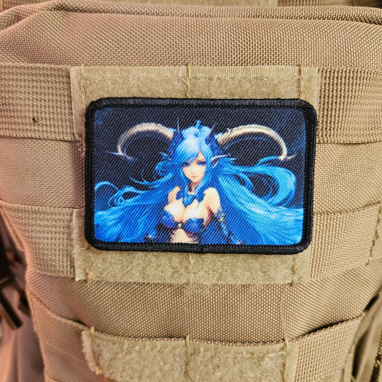 Blue haired succubus waifu Sexy Anime girl cleavage bikini 2"x3"  removable morale patch with hook and loop backing