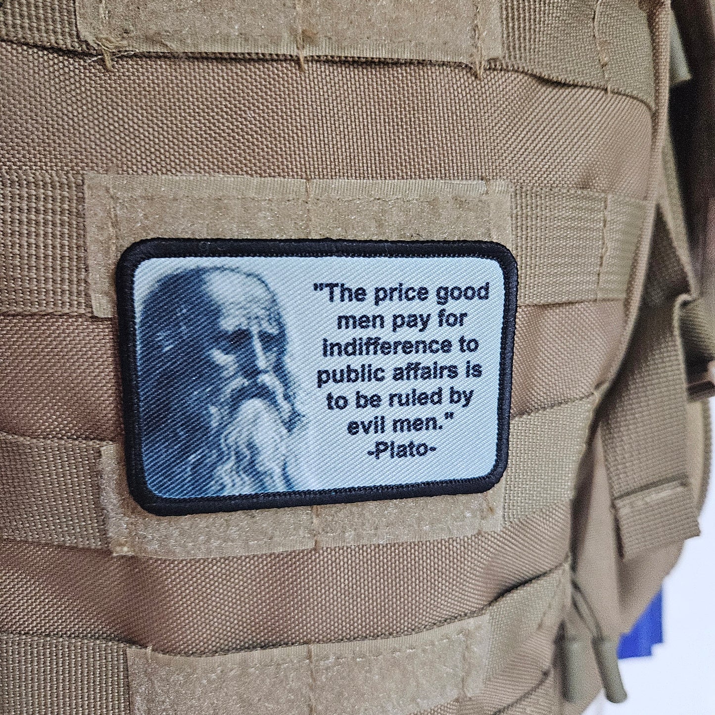 Plato the price good men pay for indifference 2"x3" removable morale patch with hook and loop backing