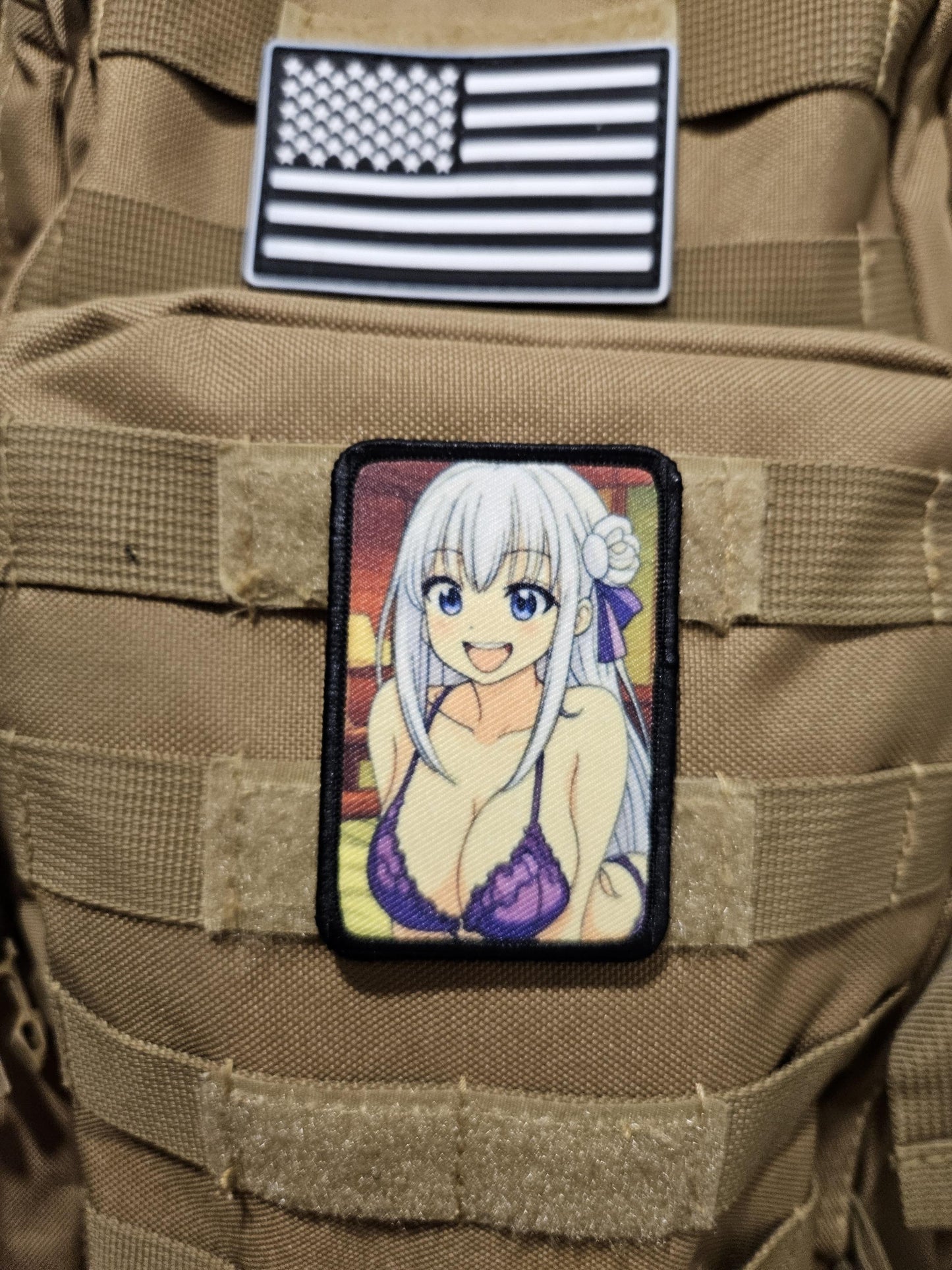 Happy Sexy Anime girl in lingerie white hair waifu 2"x3"  removable morale patch with hook and loop backing