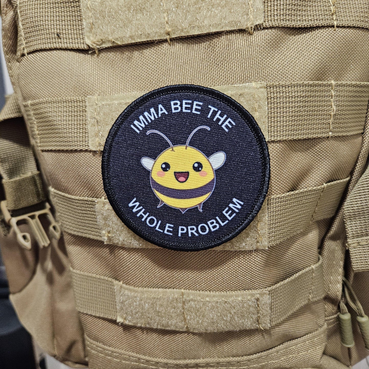 Imma bee the whole problem cute bee meme 3" circle removable morale patch with hook and loop backing