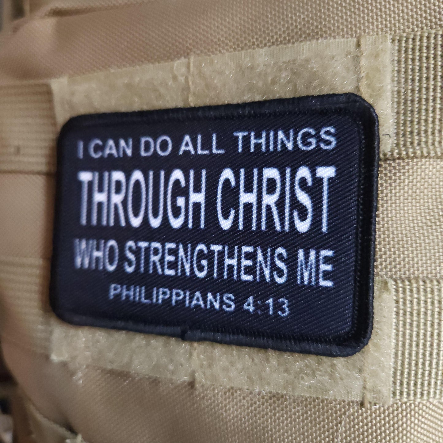 I can do all things Philippians 4:13 bible verse  2"x3" morale patch with hook and loop backing BW