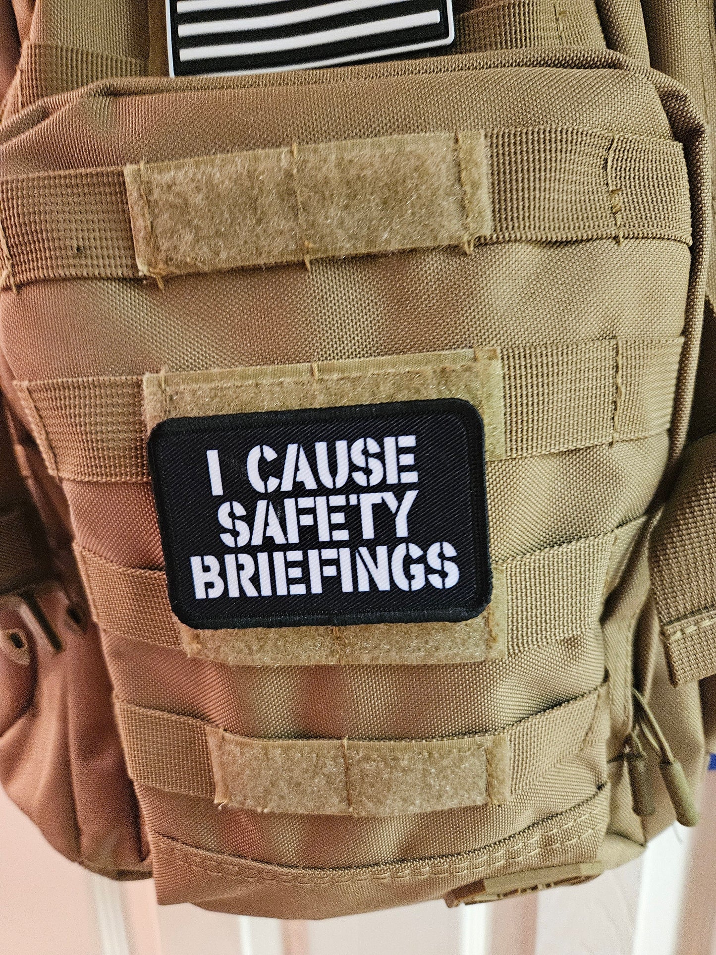 I cause safety briefings funny meme edc black  2"x3" morale patch with hook and loop backing military joke meme