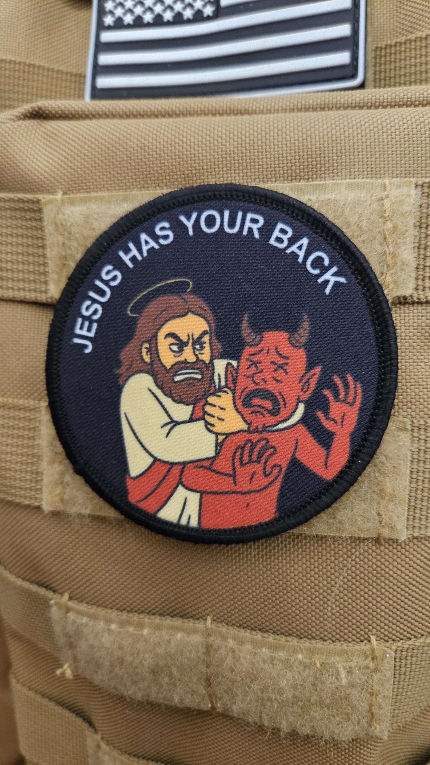 Jesus has your back funny 3" circle removable morale patch with hook and loop backing
