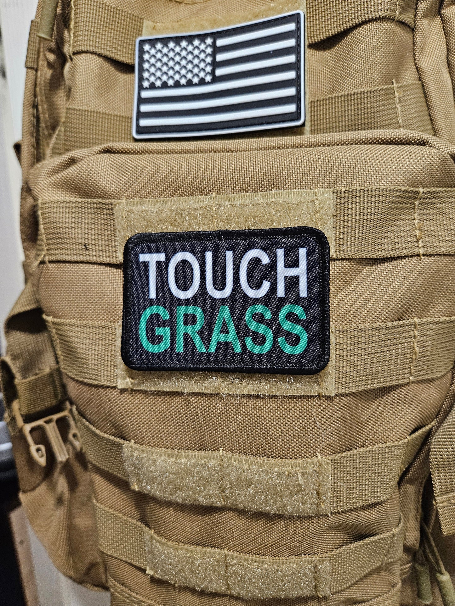 Touch grass meme 2"x3" removable morale patch with hook and loop backing