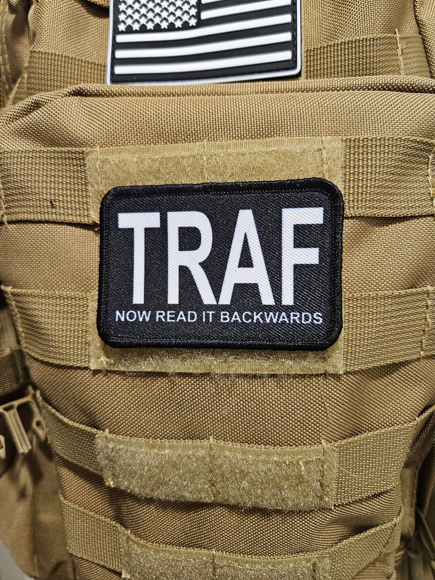 TRAF fart backwards meme 2"x3" removable morale patch with hook and loop backing