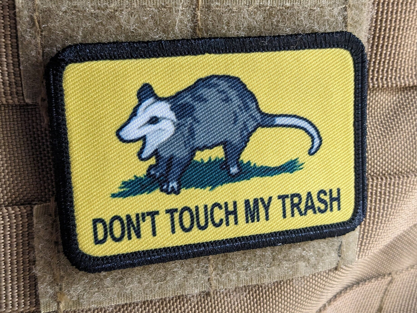 Don't touch my trash possum joke Gadsden flag meme  2"x3" removable morale patch with hook and loop backing