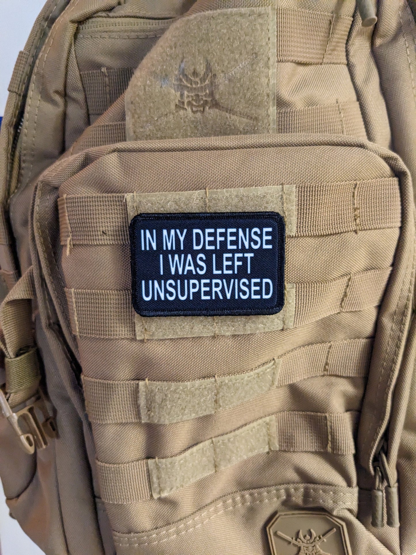 In My Defense I was left Unsupervised  removable patch 2"x3" morale patch with hook and loop backing BW