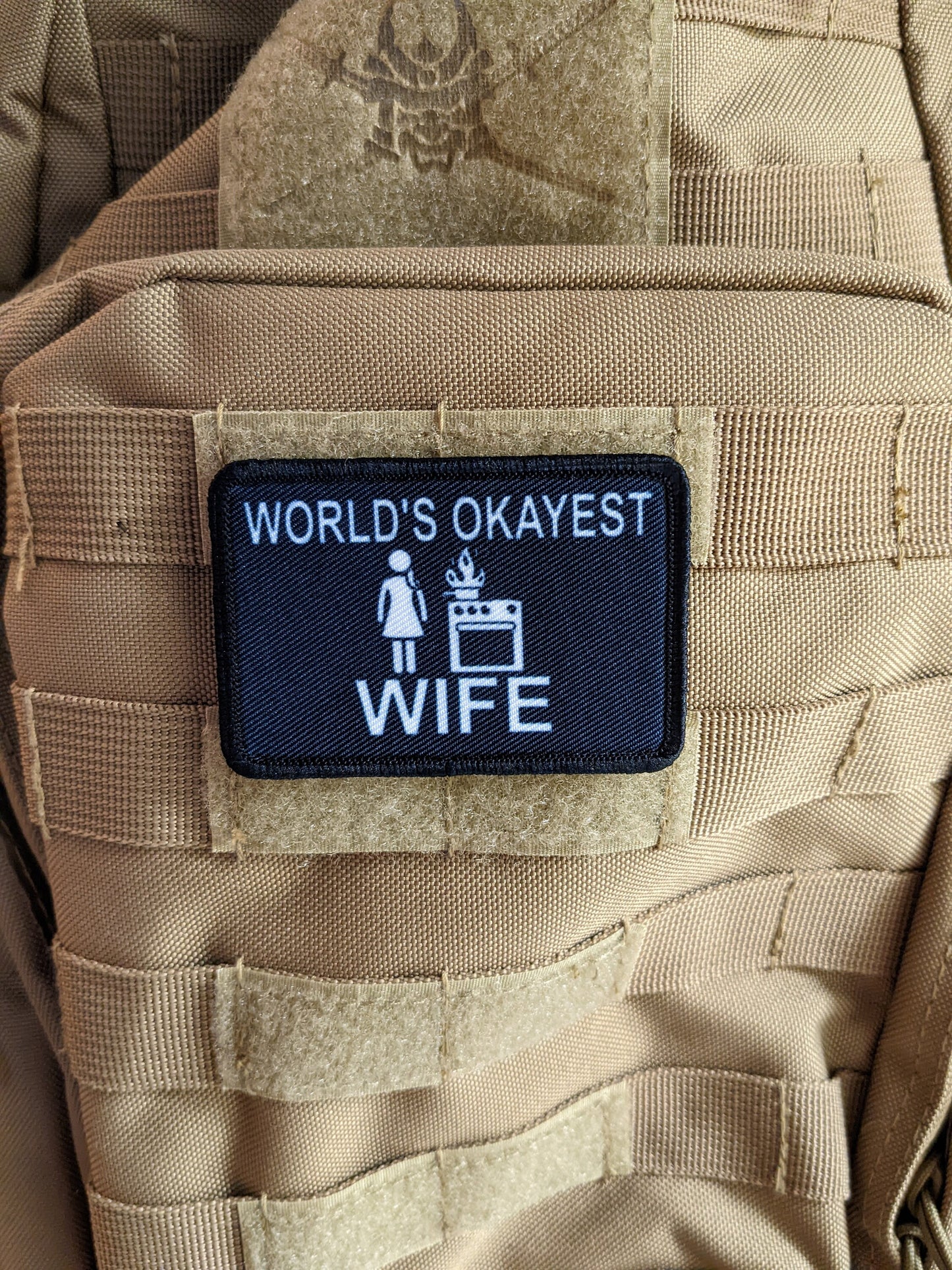World's Okayest wife funny meme 2"x3" morale patch with hook and loop backing love my wife