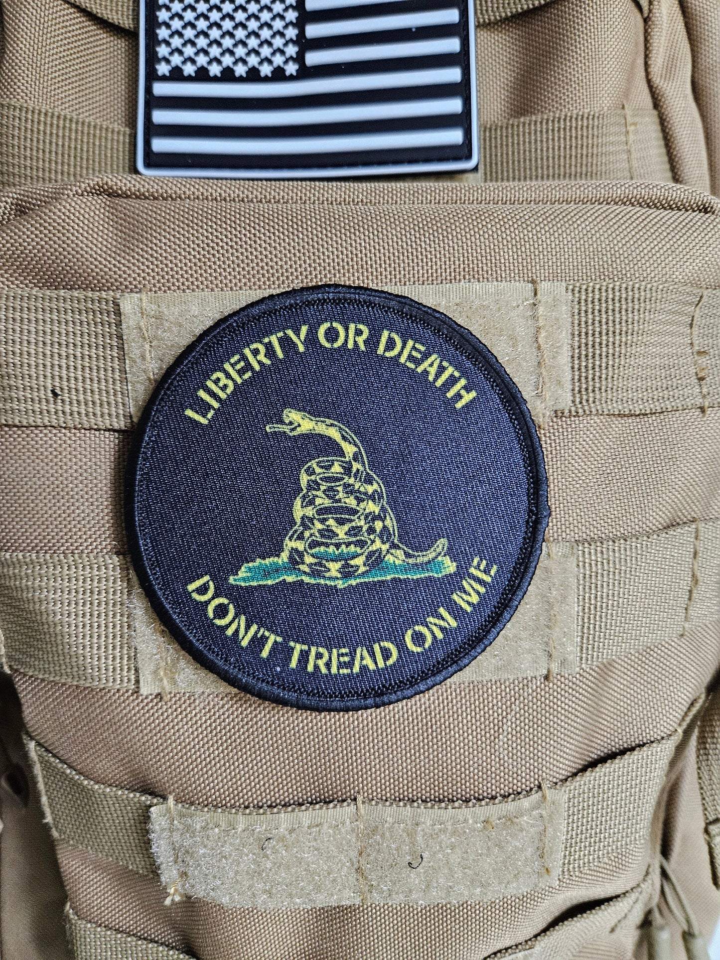 Don't tread on me Gadsden flag black 3" circle removable morale patch with hook and loop backing