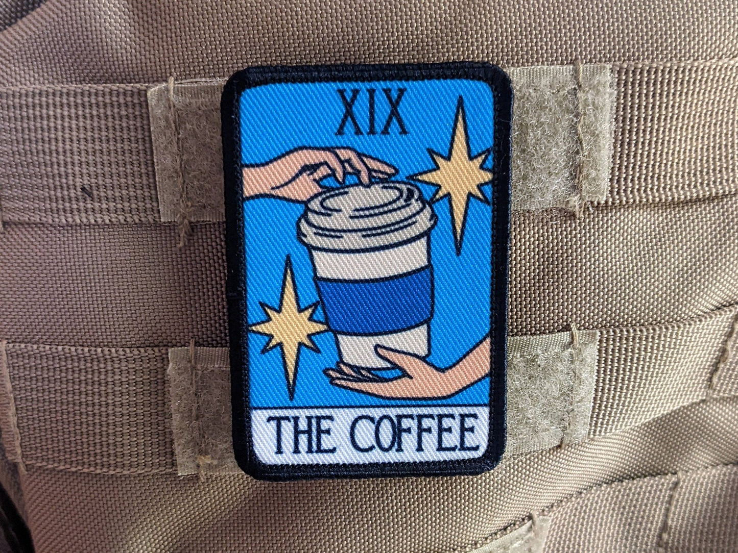 The Coffee tarot card funny cute  2"x3" morale patch with hook and loop backing