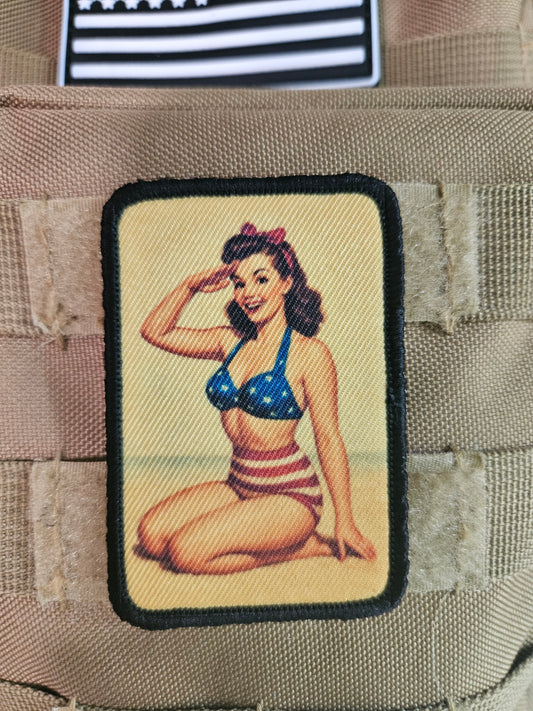 World War 2 wwii brunette pinup girl 2"x3" removable morale patch with hook and loop backing