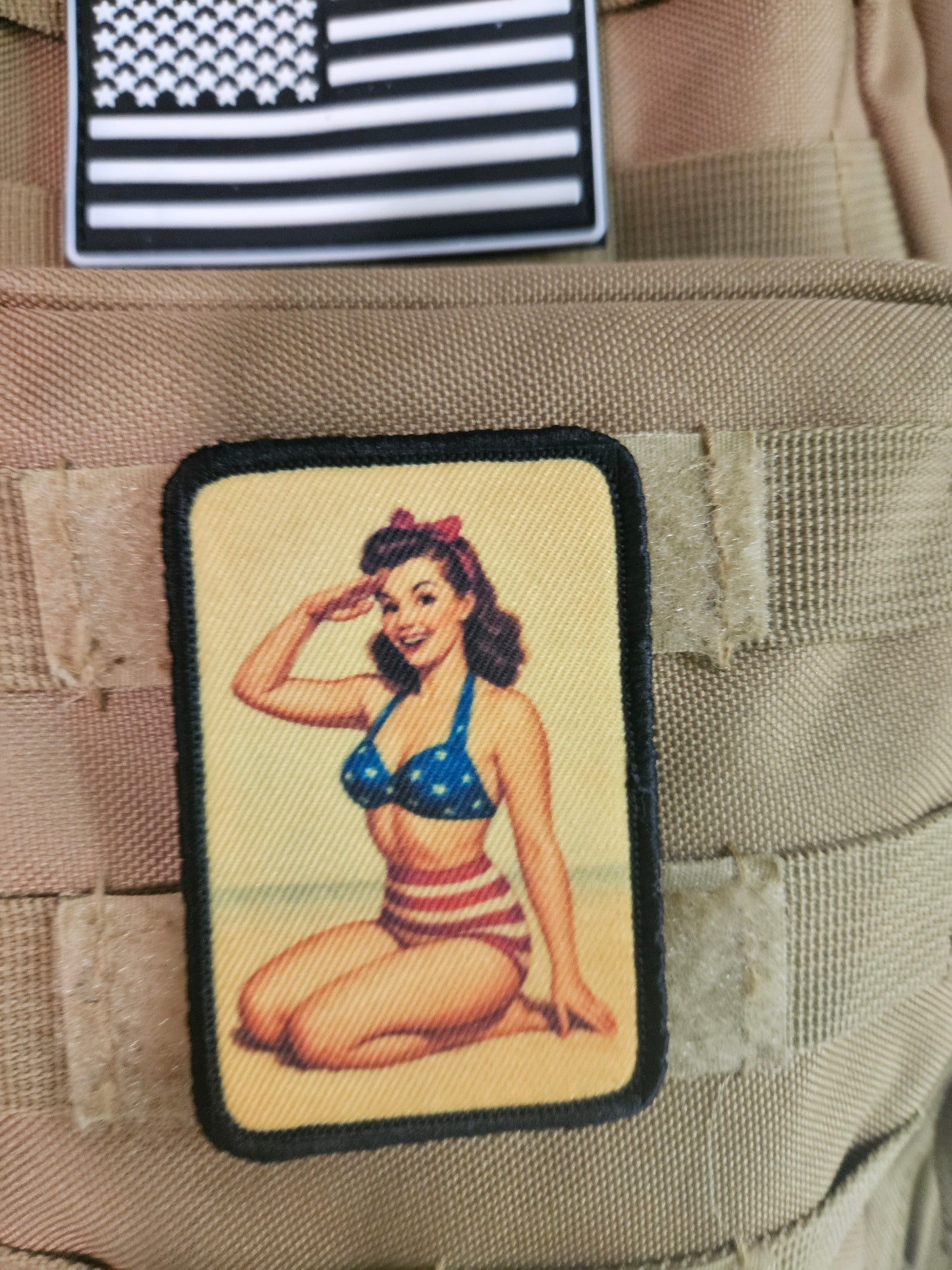 World War 2 wwii brunette pinup girl 2"x3" removable morale patch with hook and loop backing