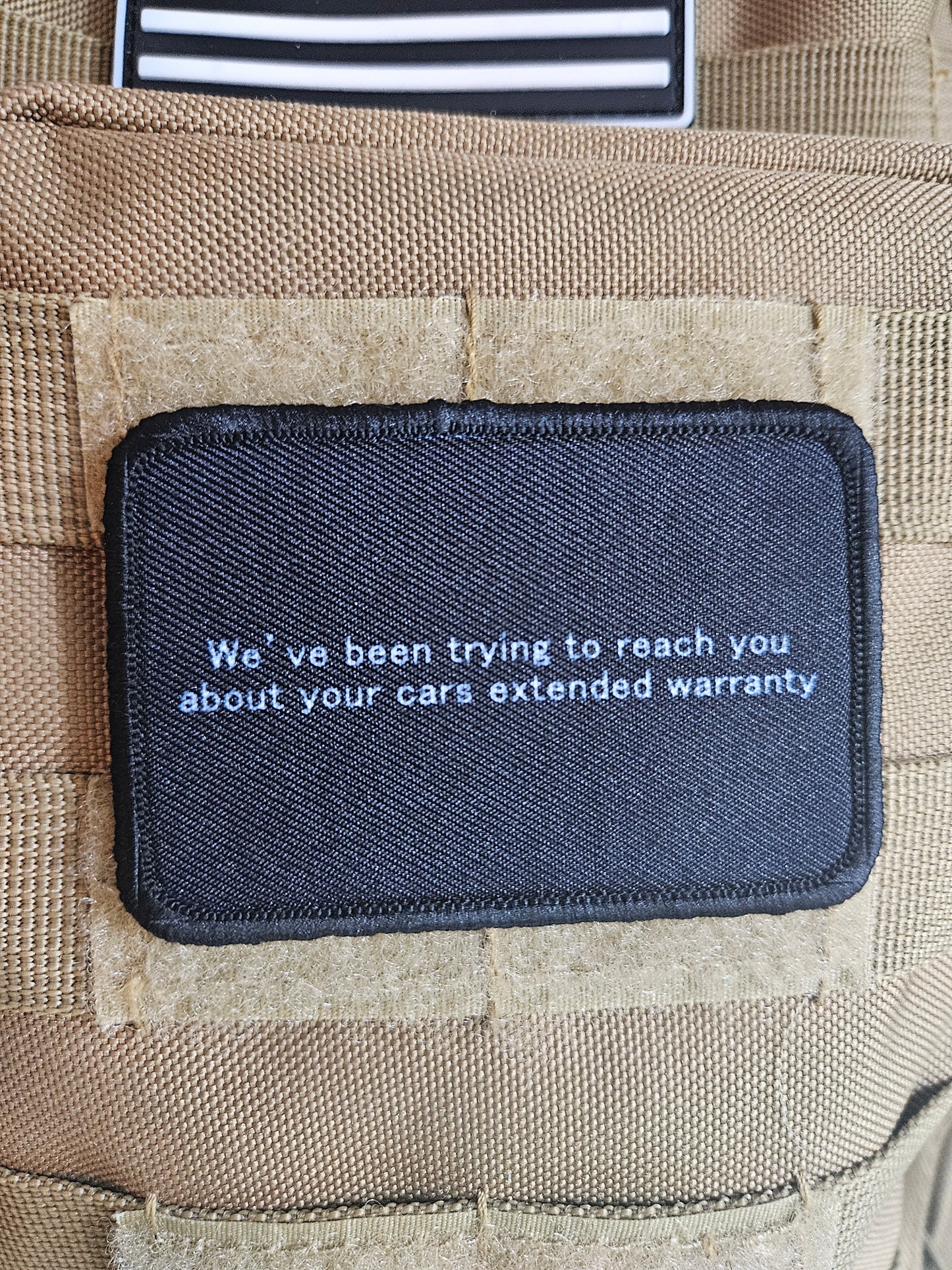 Car warranty prank 2"x3" morale patch with hook and loop backing
