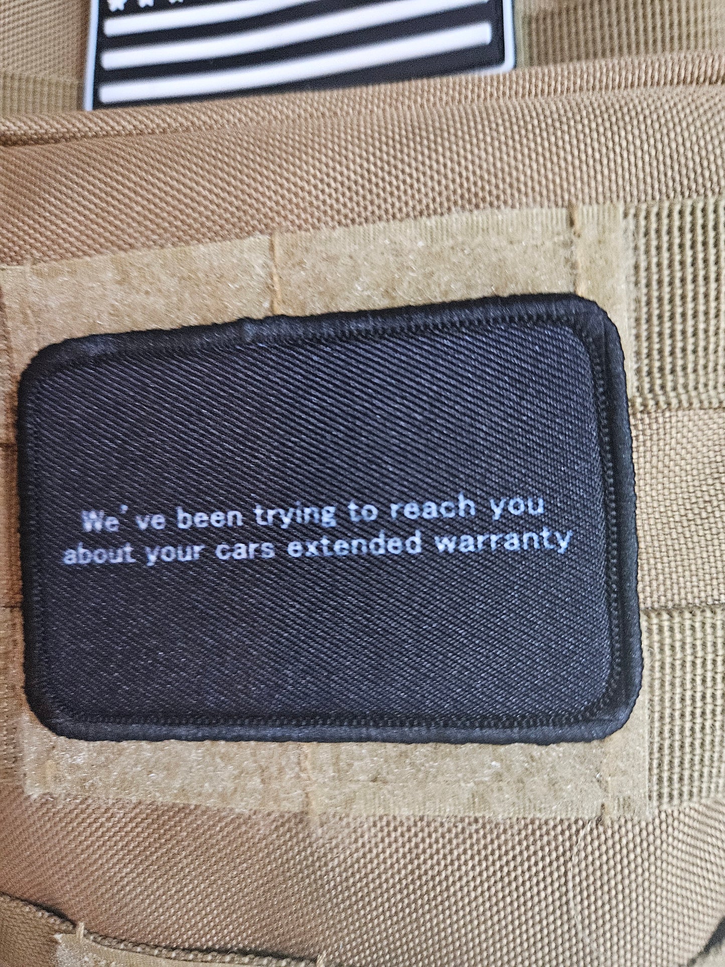 Car warranty prank 2"x3" morale patch with hook and loop backing