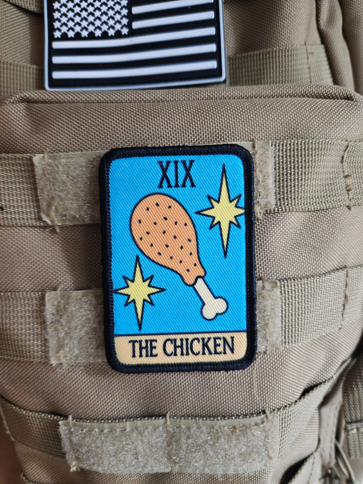 the Chicken tarot card funny cute  2"x3" morale patch with hook and loop backing