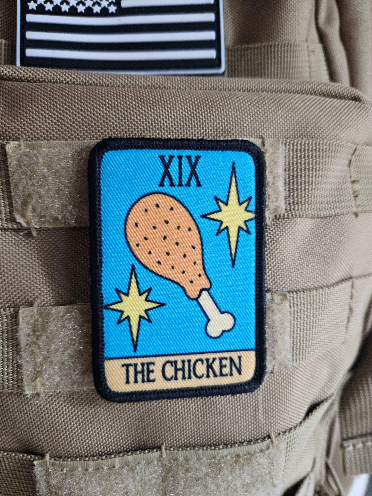 the Chicken tarot card funny cute  2"x3" morale patch with hook and loop backing