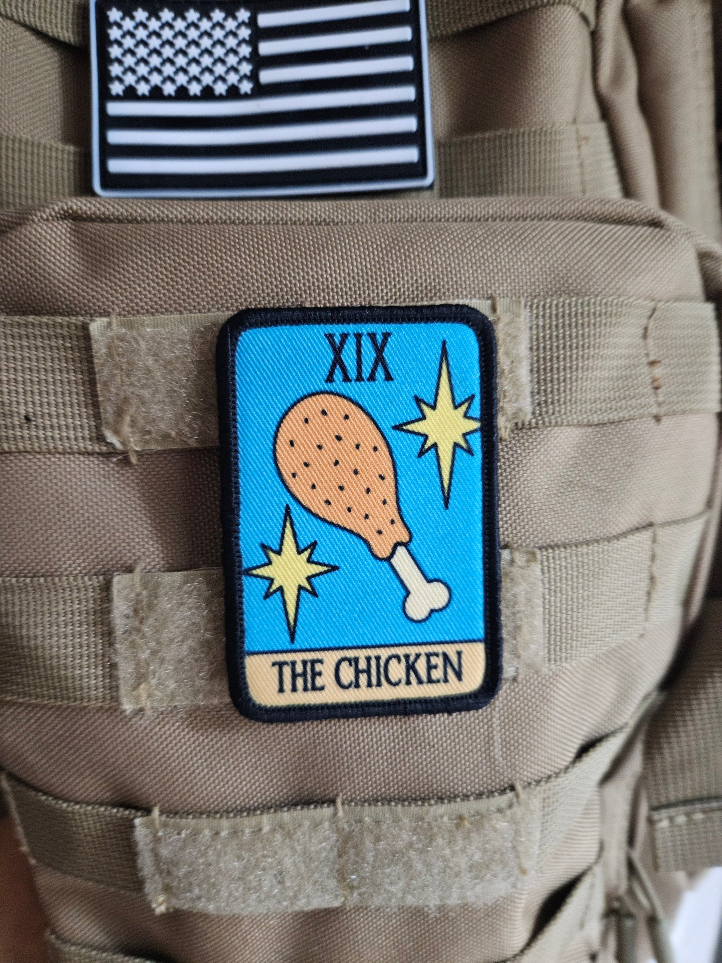 the Chicken tarot card funny cute  2"x3" morale patch with hook and loop backing