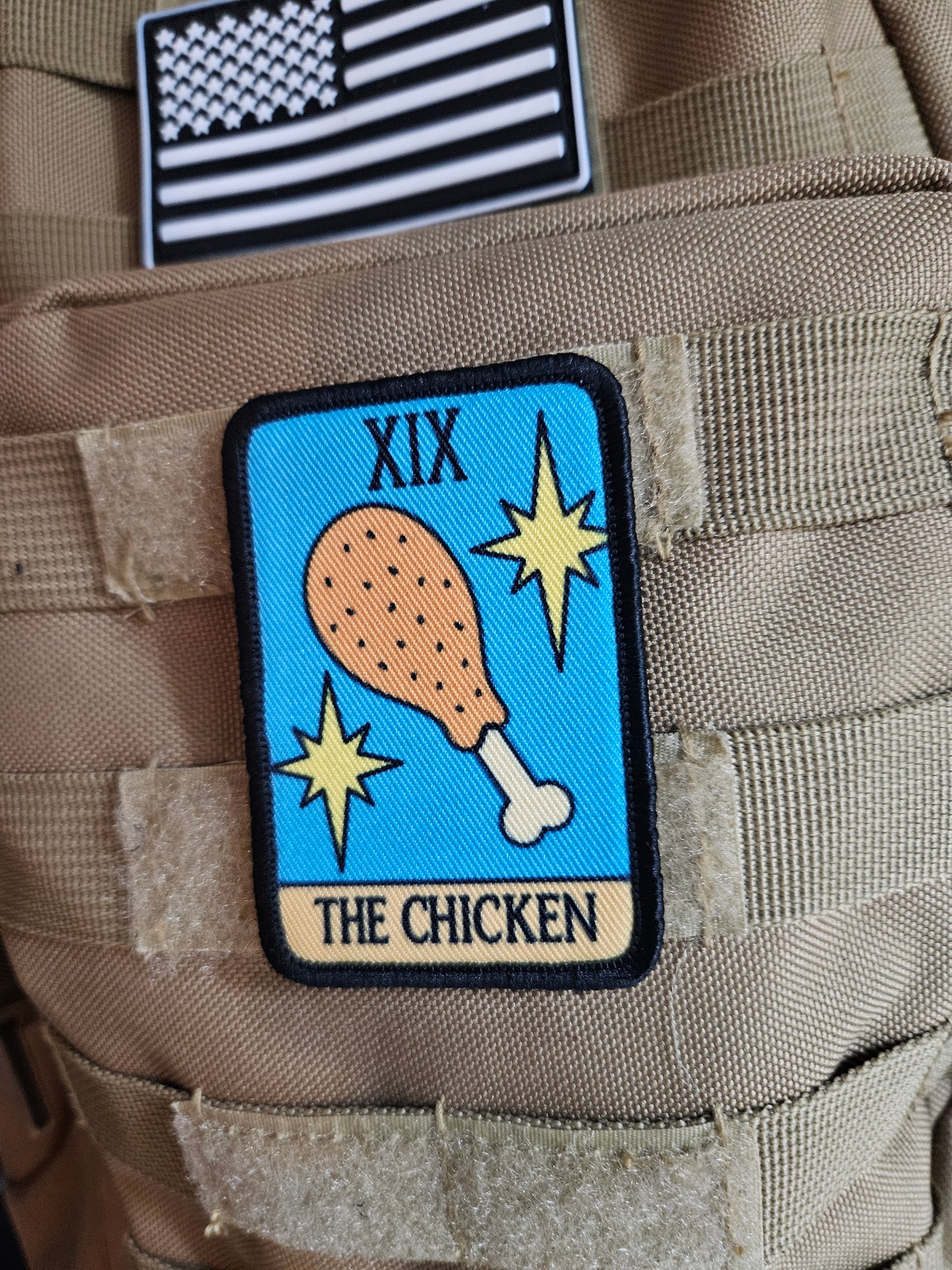 the Chicken tarot card funny cute  2"x3" morale patch with hook and loop backing