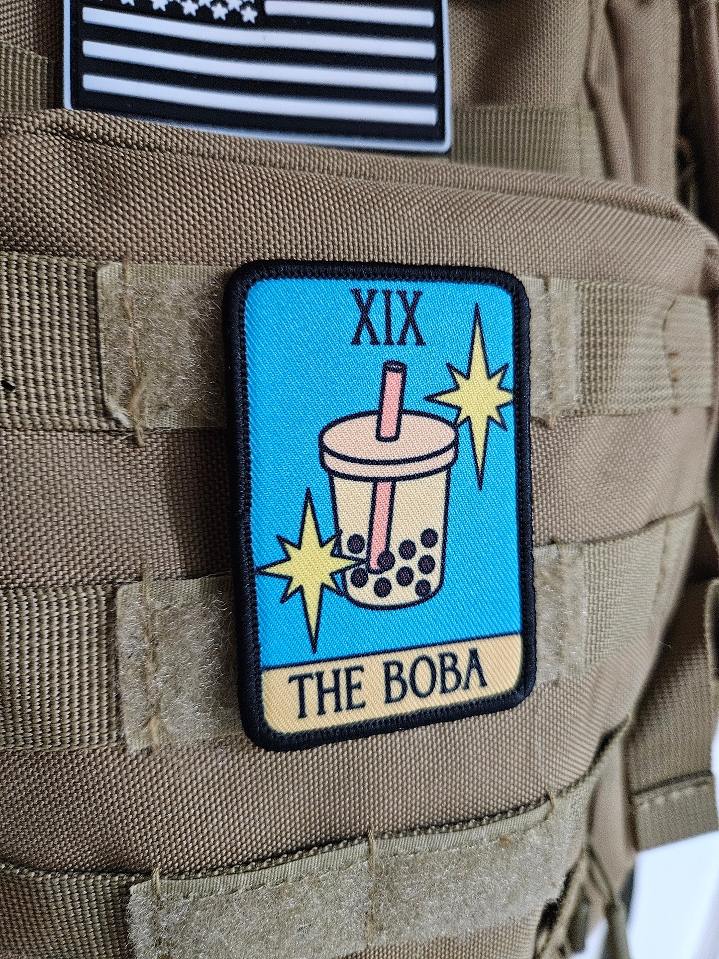 the Boba Tea tarot card funny cute  2"x3" morale patch with hook and loop backing