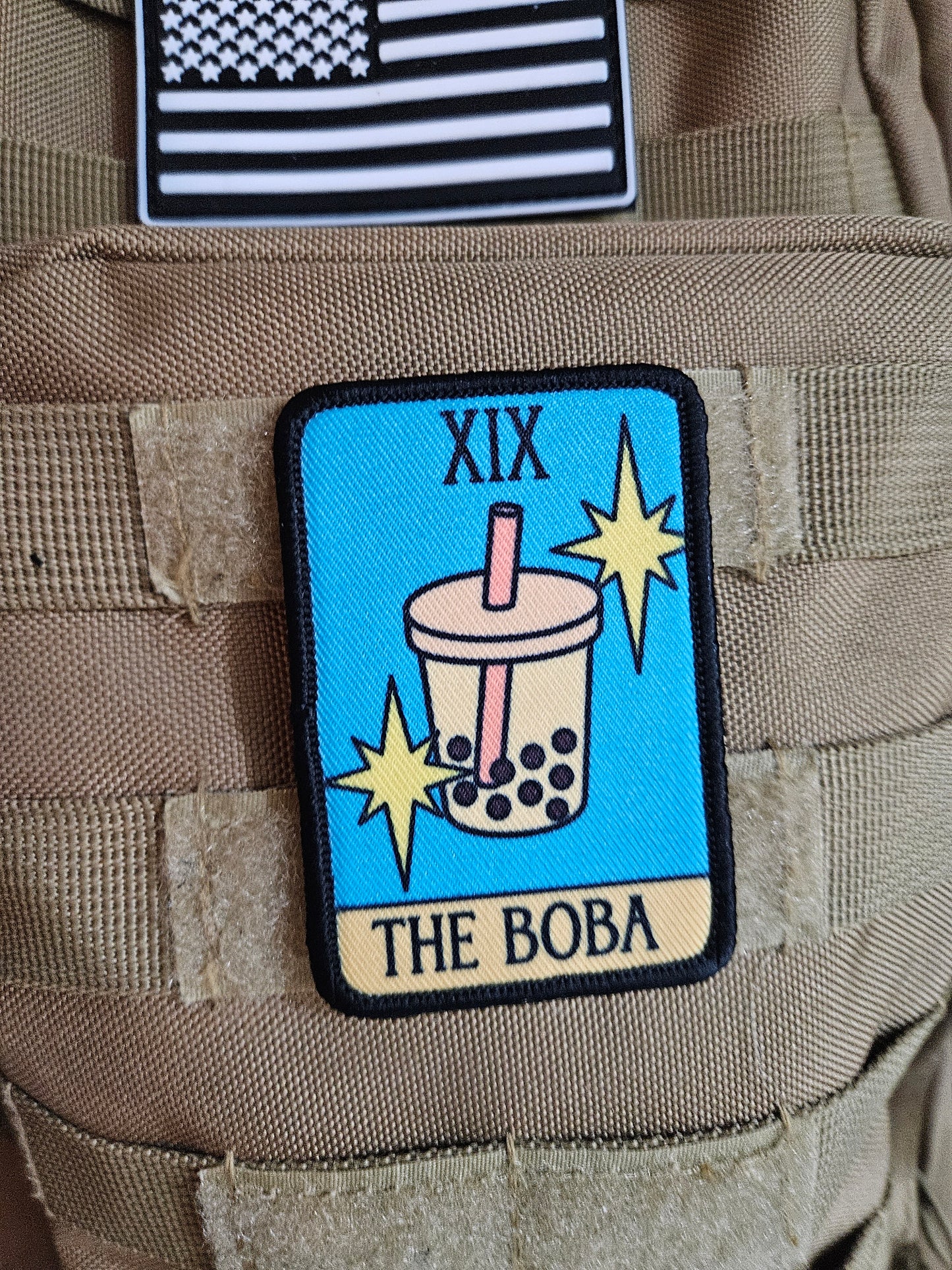 the Boba Tea tarot card funny cute  2"x3" morale patch with hook and loop backing