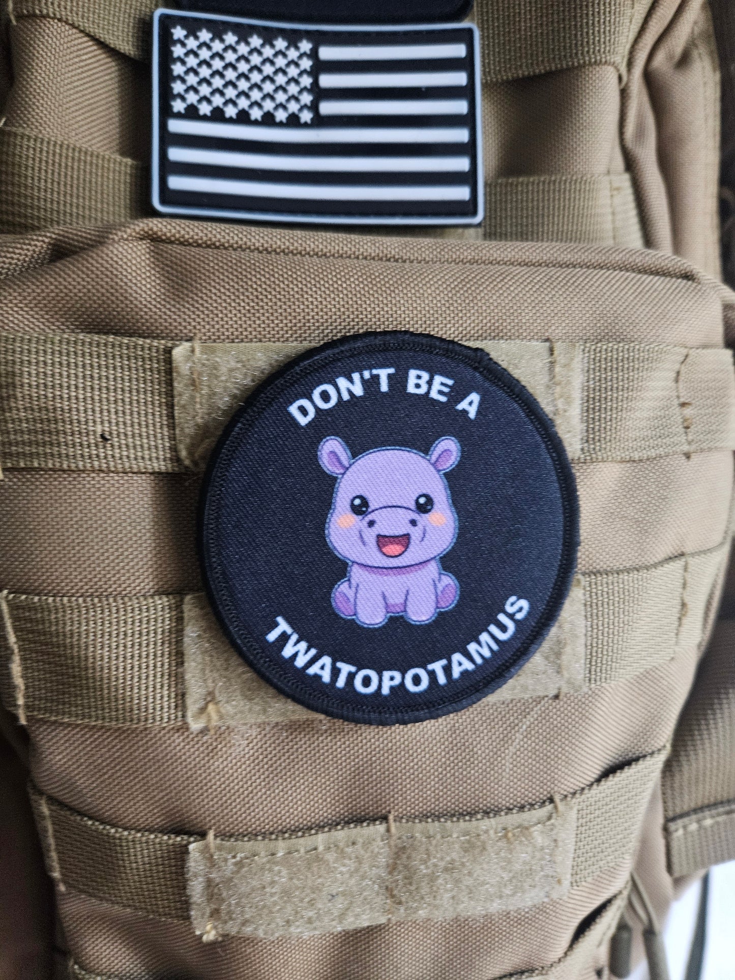 Don't be a twatopotamus hippo meme 3" circle removable morale patch with hook and loop backing