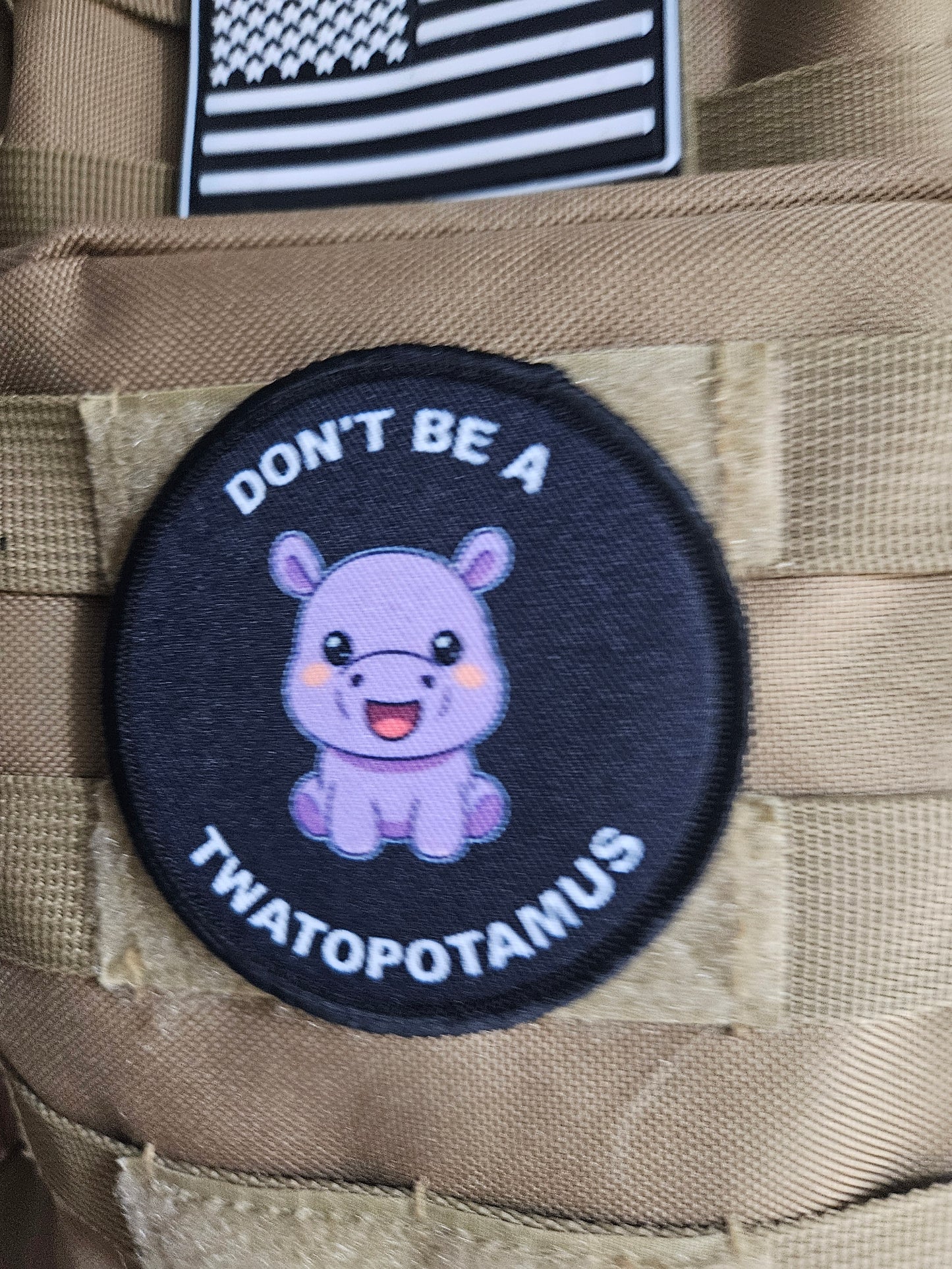 Don't be a twatopotamus hippo meme 3" circle removable morale patch with hook and loop backing