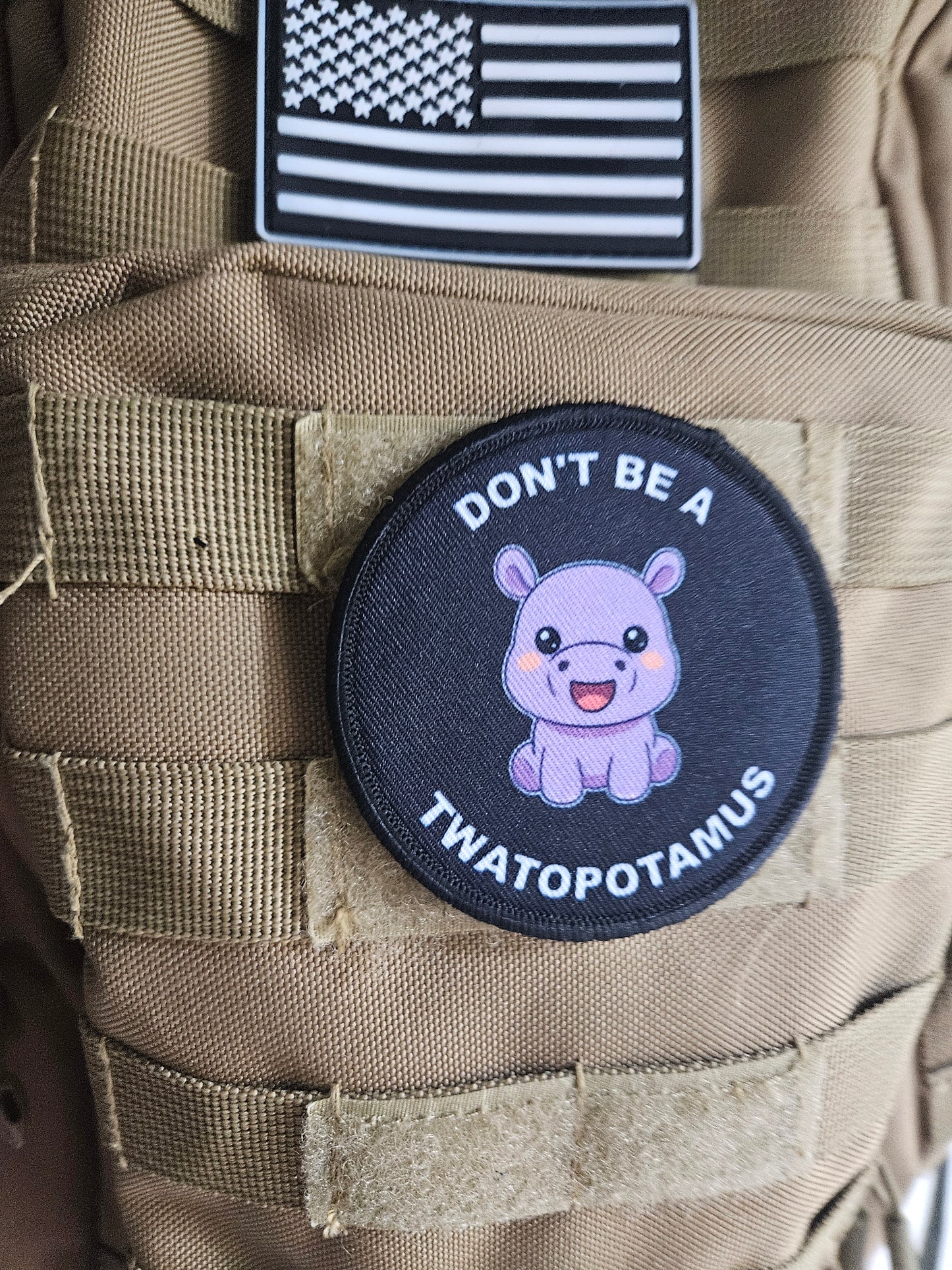 Don't be a twatopotamus hippo meme 3" circle removable morale patch with hook and loop backing