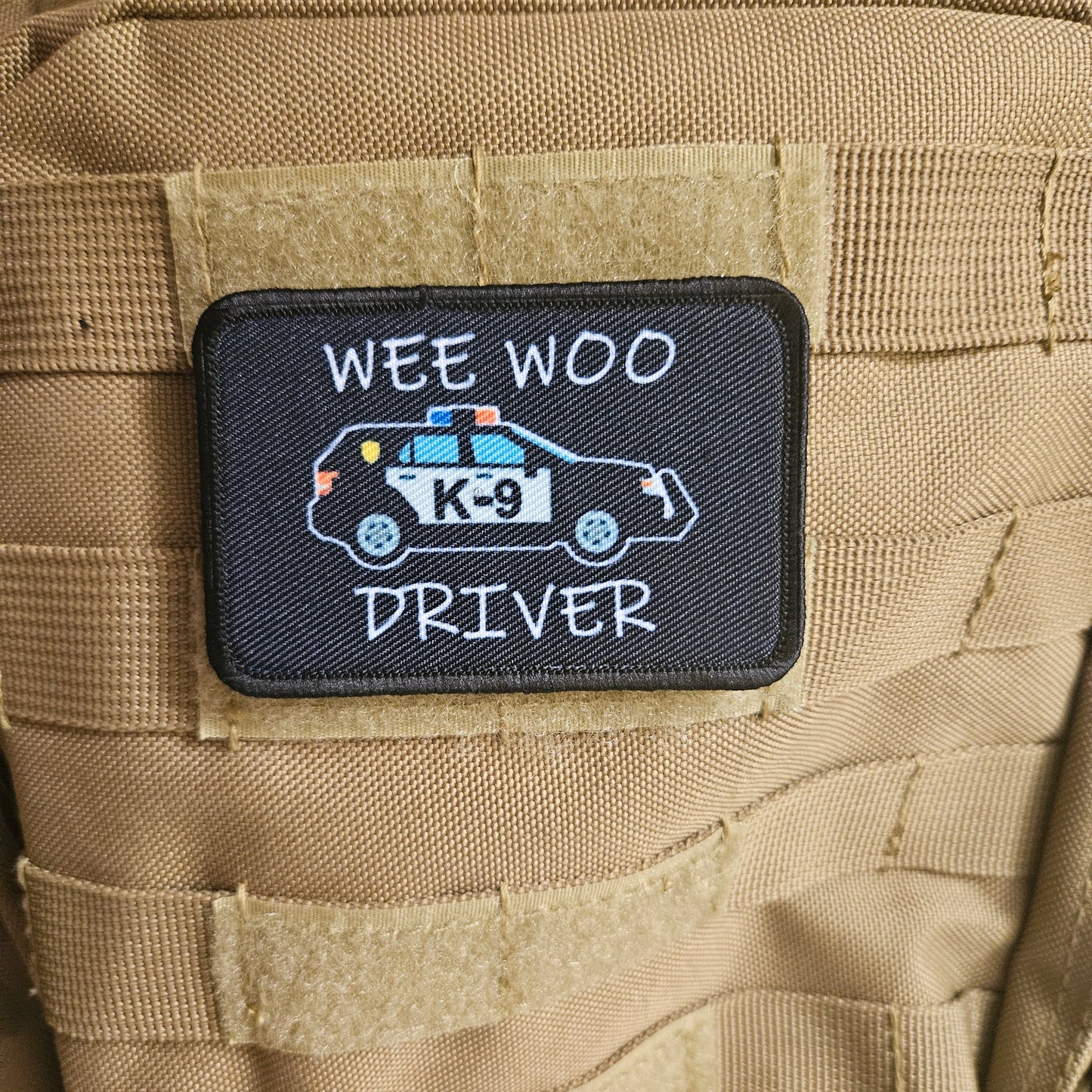 Wee woo driver k9 on door police SUV funny 2"x3" removable morale patch with hook and loop backing