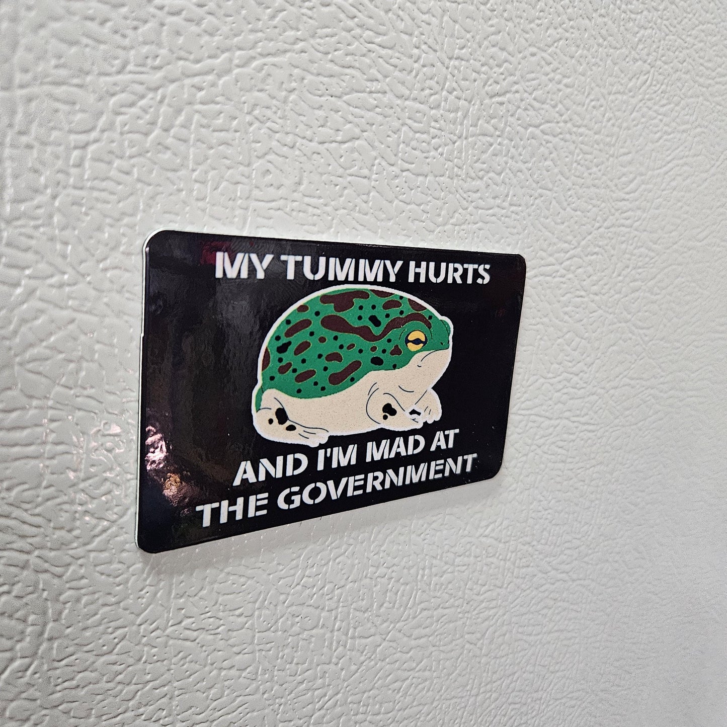 My tummy hurts and i'm mad at the government frog meme fridge magnet 2x3.5" dimensions