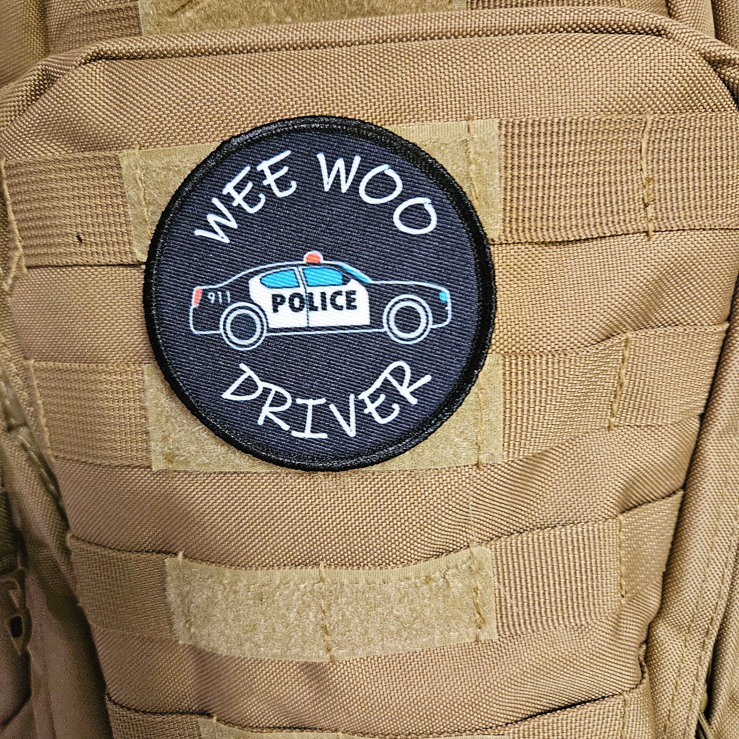 Wee woo driver police car driver funny 3" circle removable morale patch with hook and loop backing