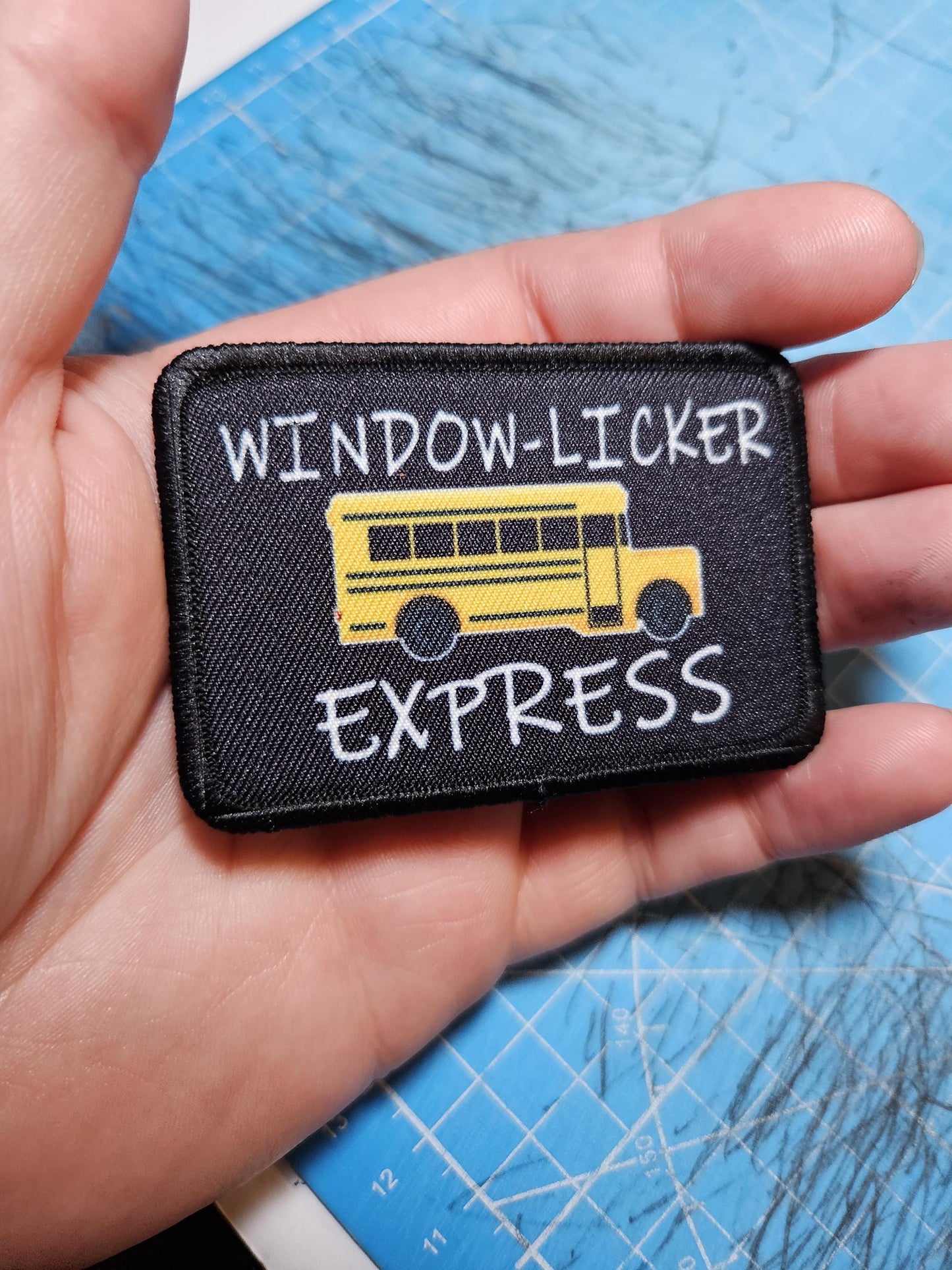 Window-licker express school bus driver funny 2"x3" removable morale patch with hook and loop backing