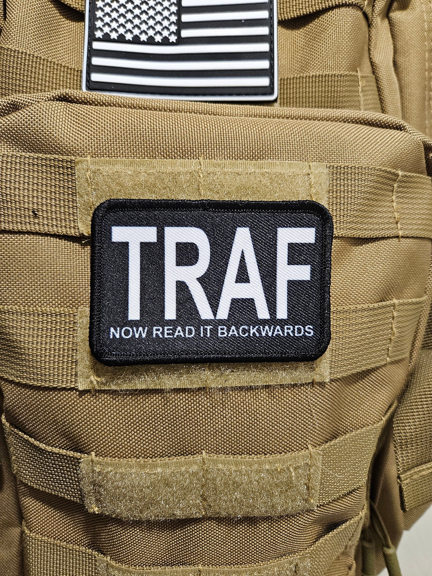 TRAF fart backwards meme 2"x3" removable morale patch with hook and loop backing