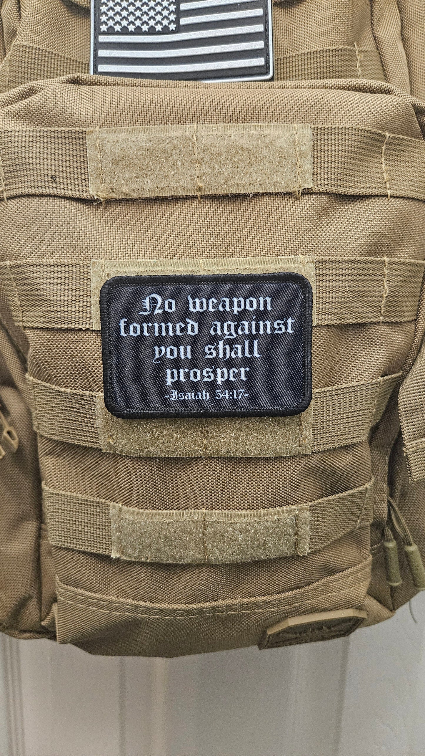 Isaiah 54:17 no weapon formed against me bible verse  2"x3" morale patch with hook and loop backing