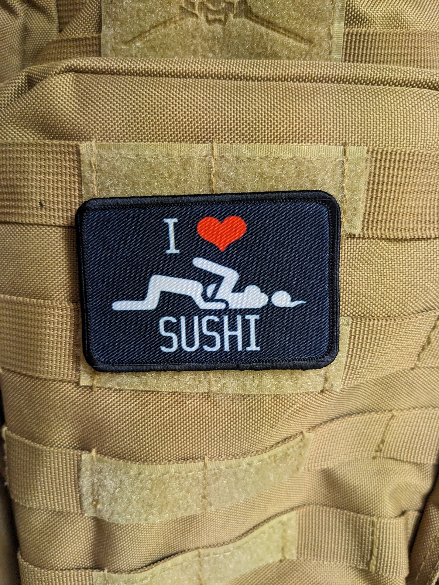 I love sushi dirty joke meme  2"x3" morale patch with hook and loop backing