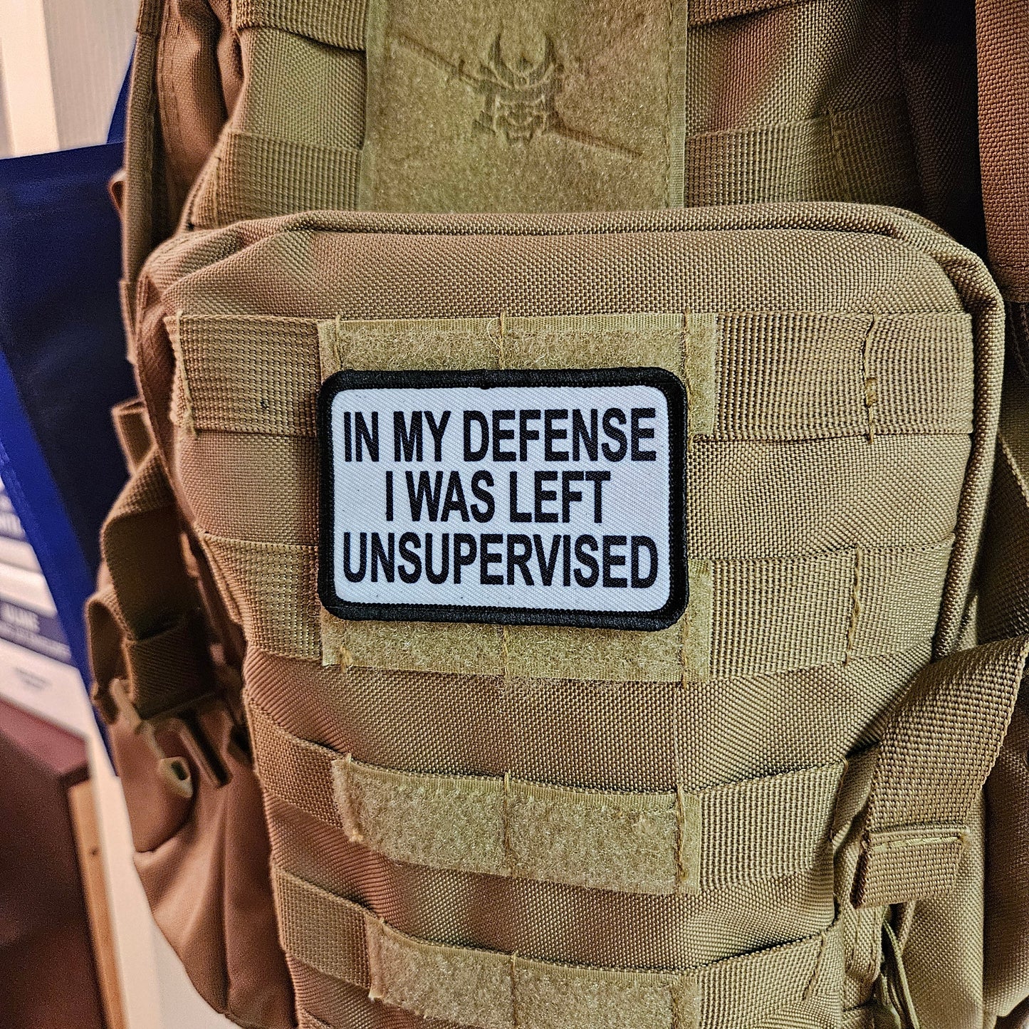White In My Defense I was left Unsupervised  removable patch 2"x3" morale patch with hook and loop backing