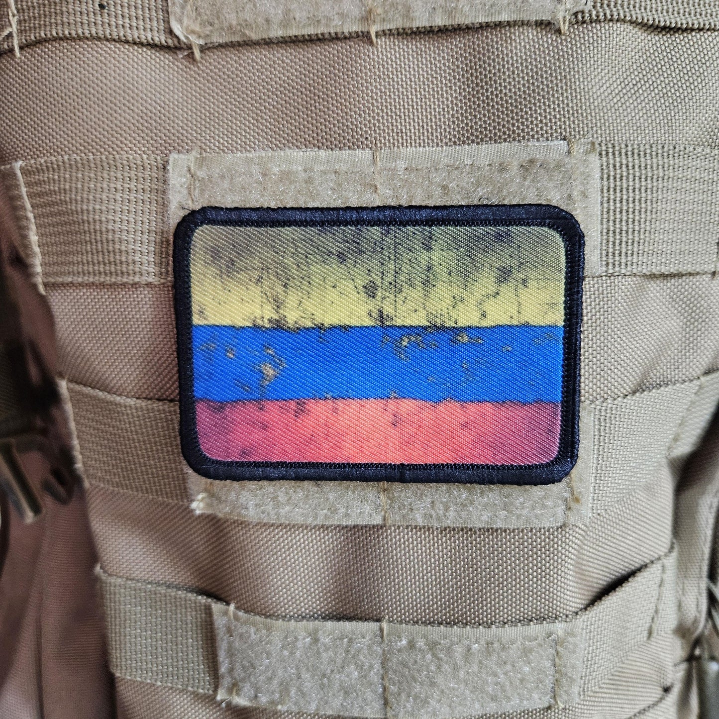 distressed Colombian flag 2"x3" morale patch with hook and loop backing