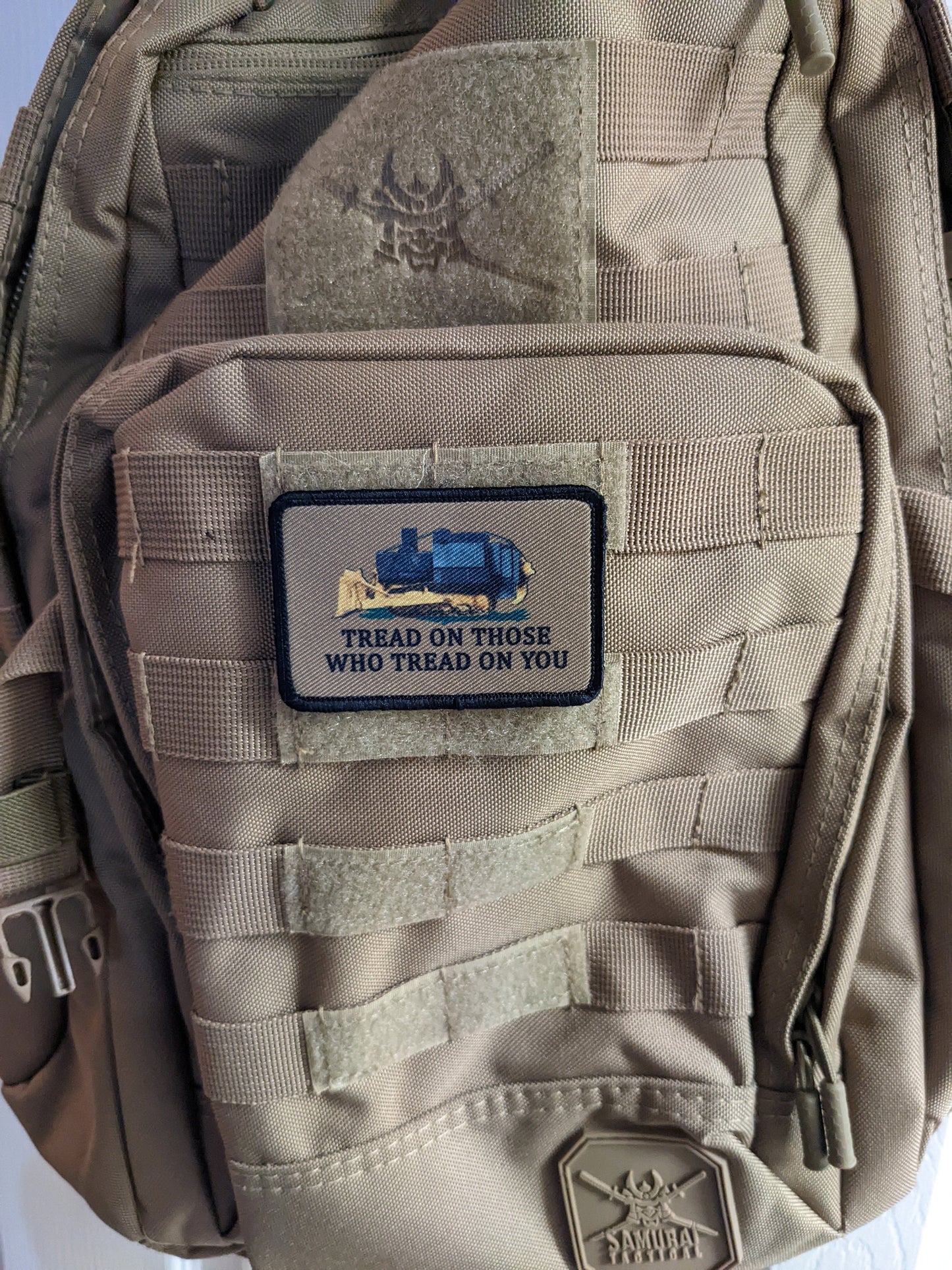 Coyote brown Killdozer tread on those who tread on you Gadsden flag meme  2"x3" removable morale patch with hook and loop backing