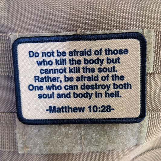 Bible verse Matthew 10:28 2"x3" tan removable morale patch with hook and loop for hat