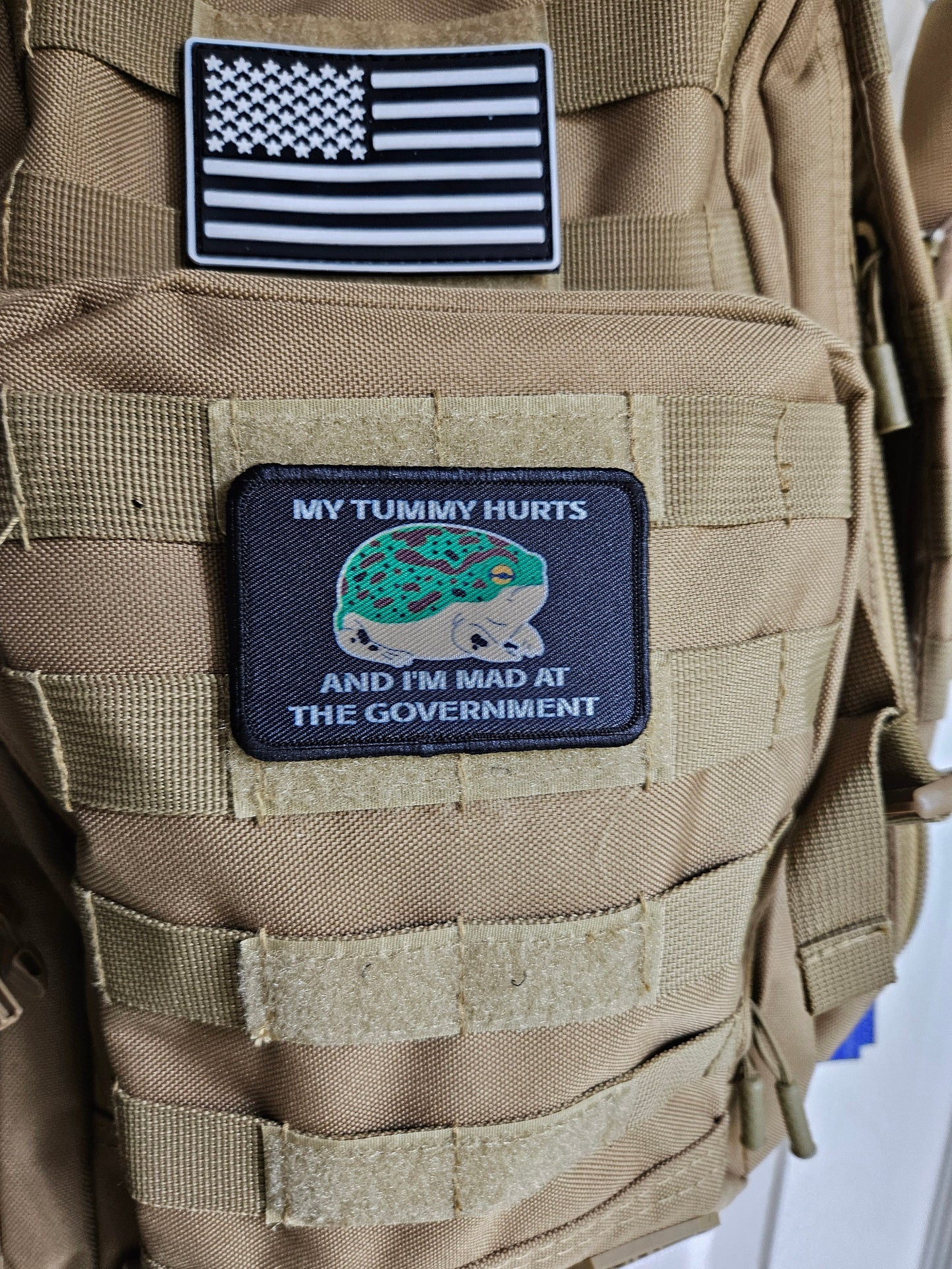 My tummy hurts and im mad at the government frog meme 2"x3" removable morale patch with hook and loop backing