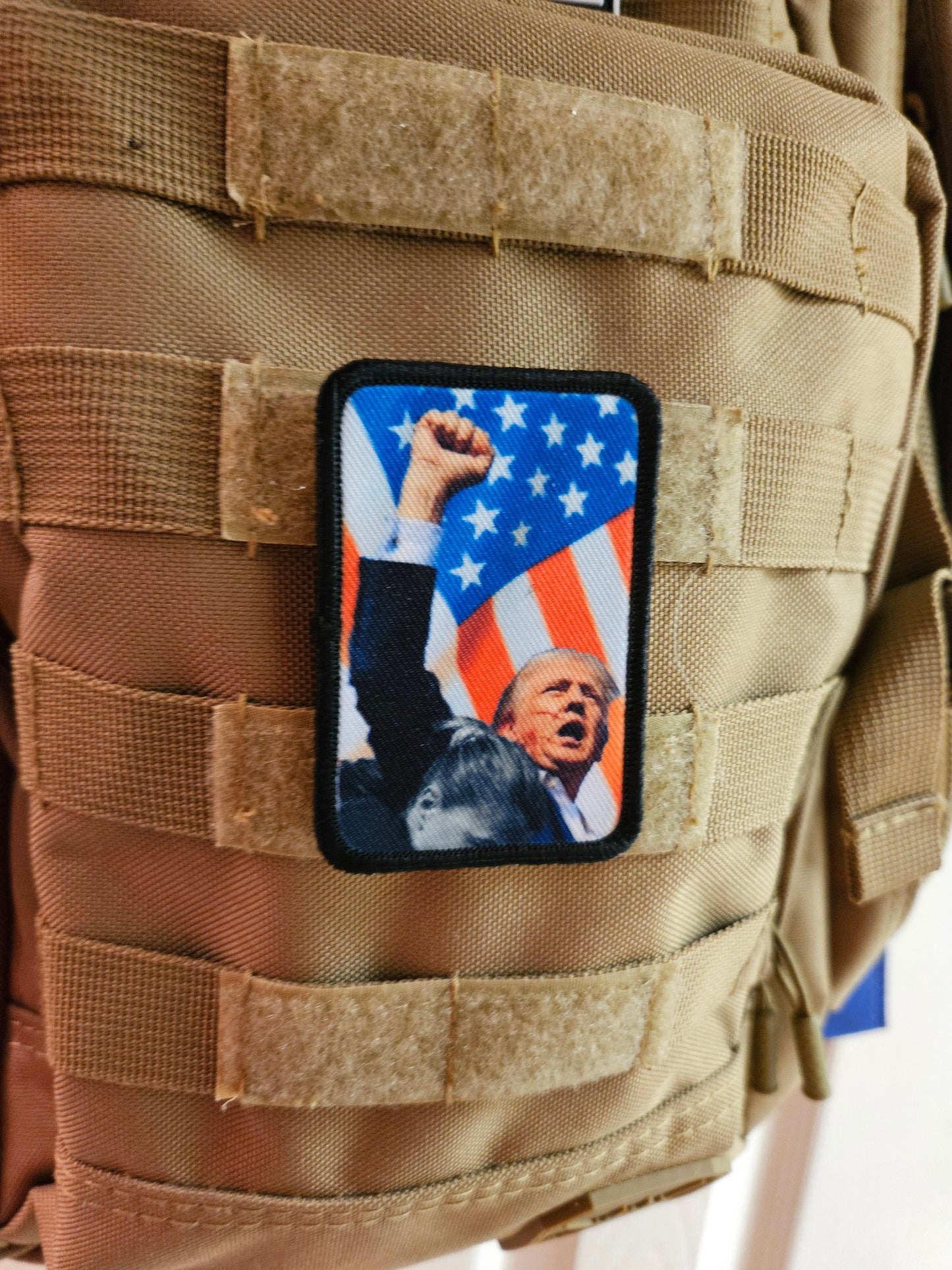 Flag background donald fist in the air  2"x3" morale patch with hook and loop backing military joke meme