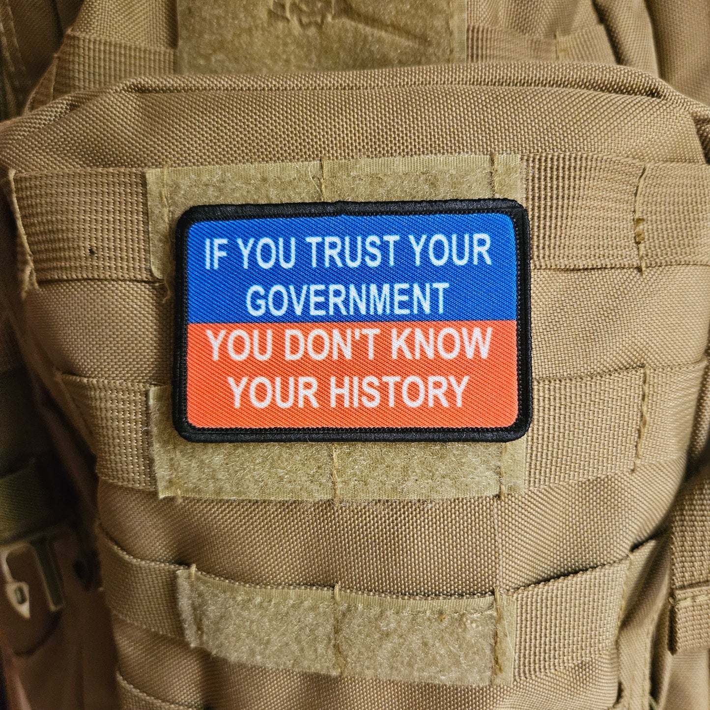 If you trust your government you dont know your history meme  2"x3" removable morale patch with hook and loop backing