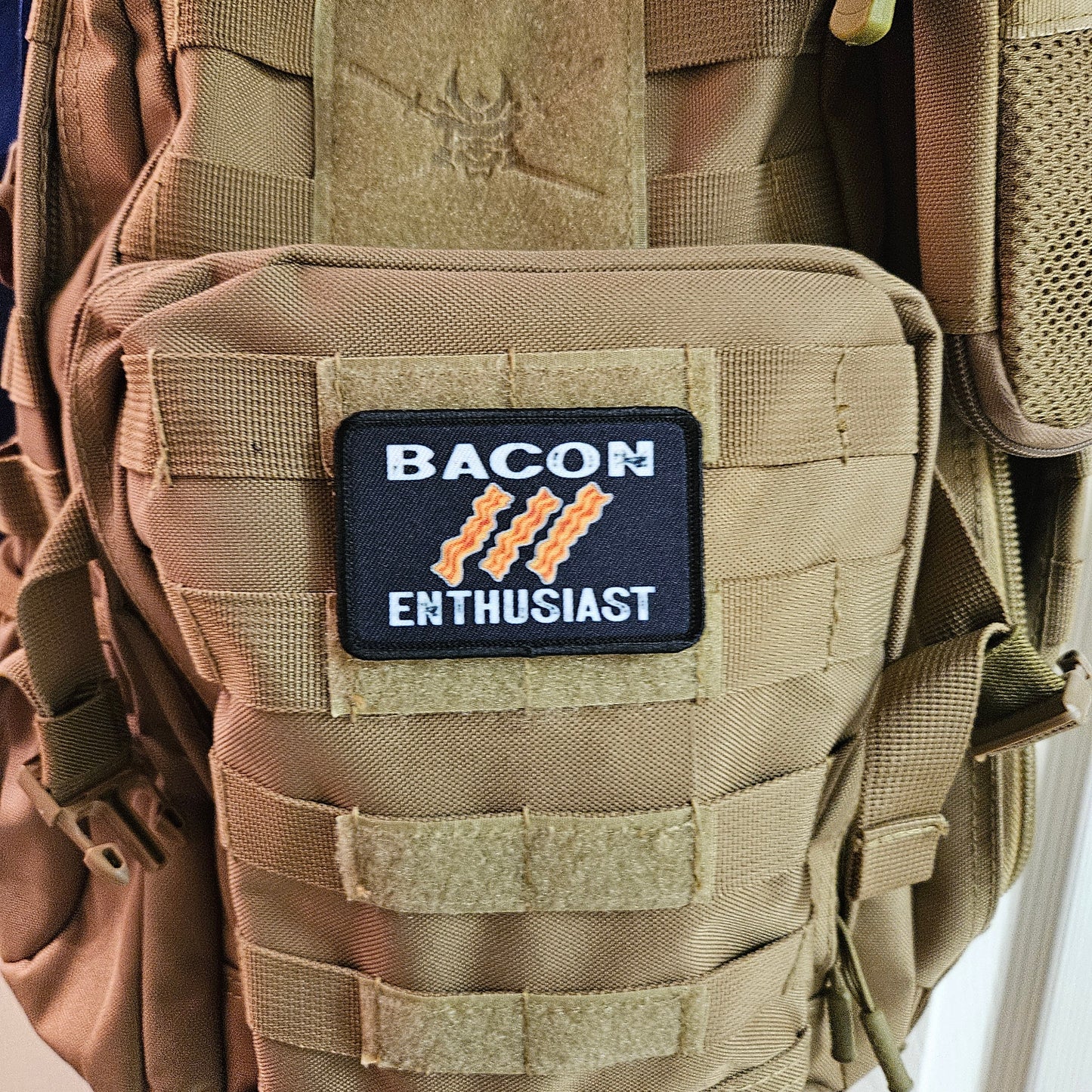 Bacon enthusiast funny meme  2"x3" removable morale patch with hook and loop backing