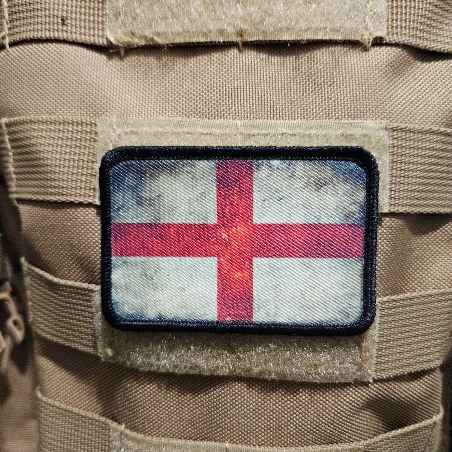 distressed English flag of saint George's 2"x3" morale patch with hook and loop backing