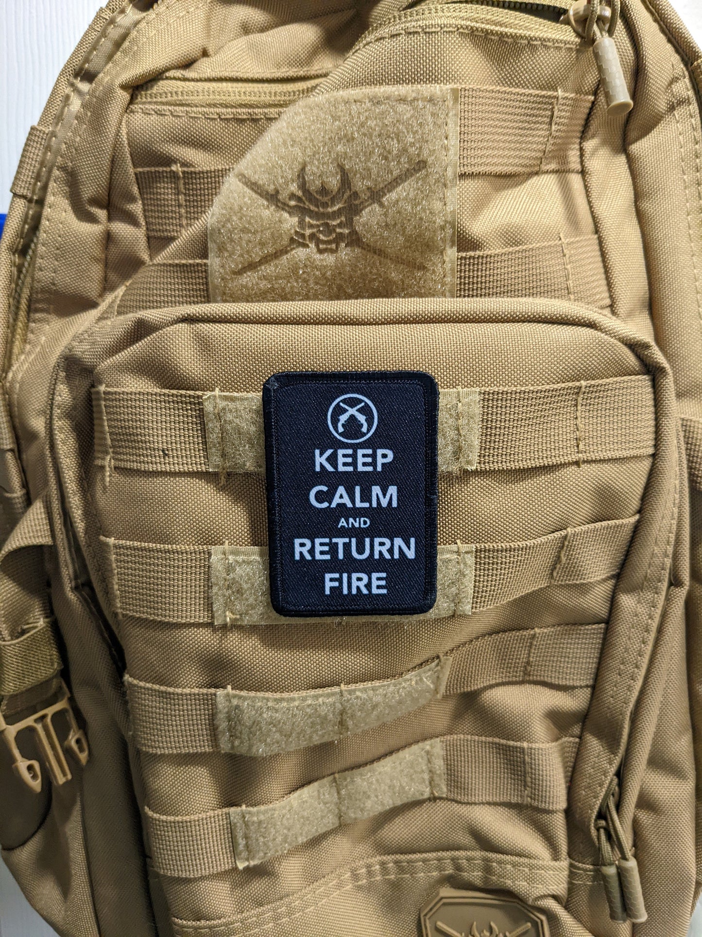 Keep calm and return fire 2nd amendment meme 2"x3" morale patch with hook and loop backing