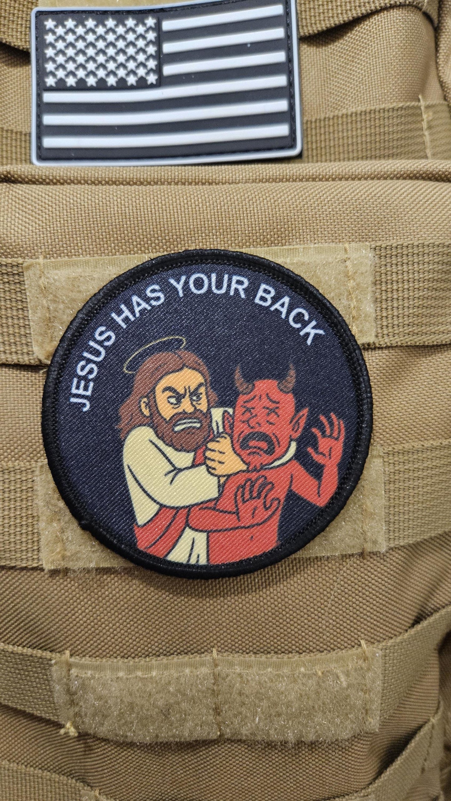 Jesus has your back funny 3" circle removable morale patch with hook and loop backing