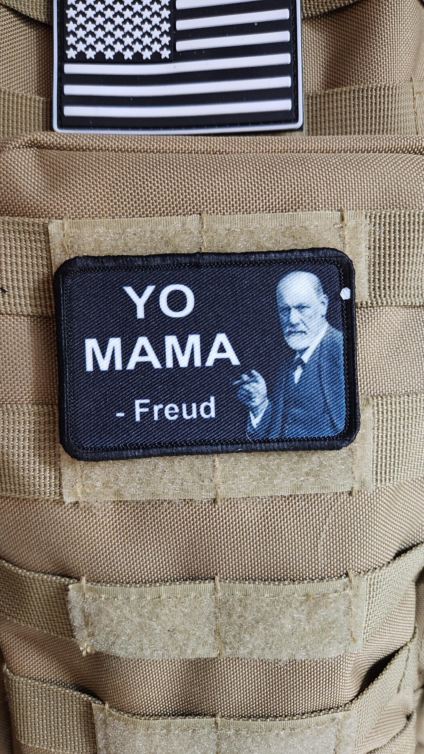Freud you mama meme 2"x3" removable morale patch with hook and loop backing black and white