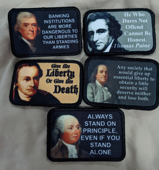 lot of 5 founding fathers quotes Ben Franklin, Thomas Paine, John Adams  2"x3" removable morale patch with hook and loop backing