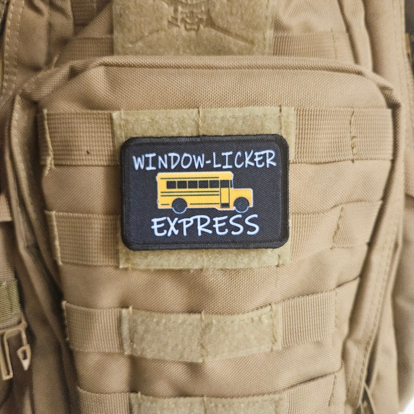 Window-licker express school bus driver funny 2"x3" removable morale patch with hook and loop backing