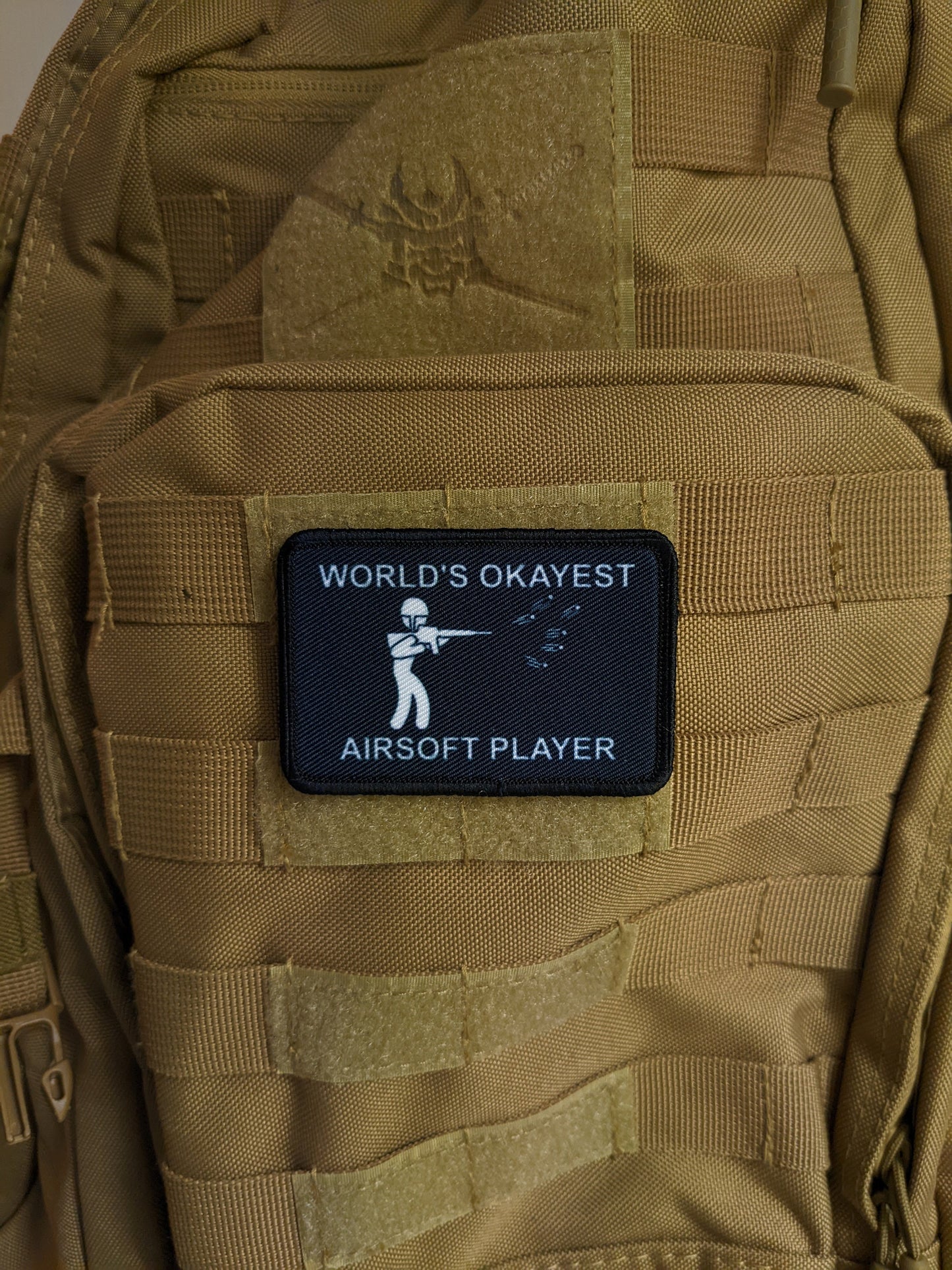 World's Okayest airsoft player funny meme 2"x3" morale patch with hook and loop backing